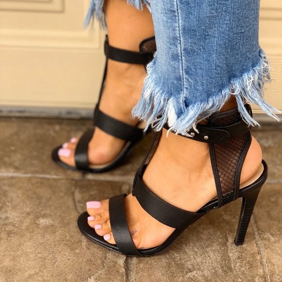 Black Mesh Genuine Leather High Heel Sandal - Picture 4 of 8